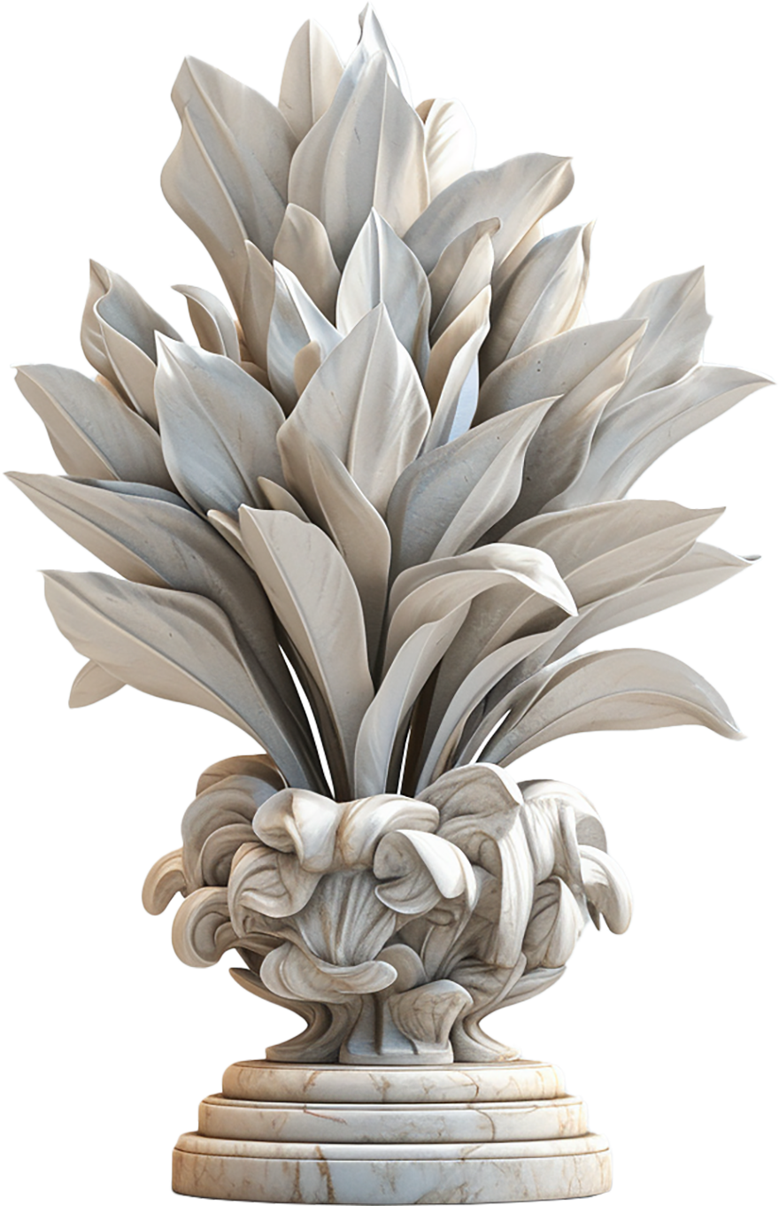 A statue of a plant carved from white marble.